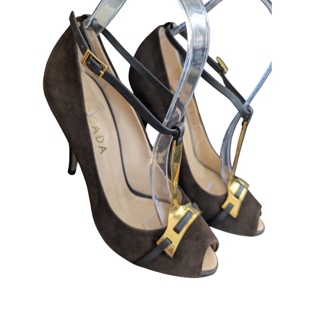 ESCADA! ESPRESSO BROWN FINE SUEDE LEATHER GOLD METAL T BAR FRONT HEELS! 7M, 37.5 - Picture 4 of 13